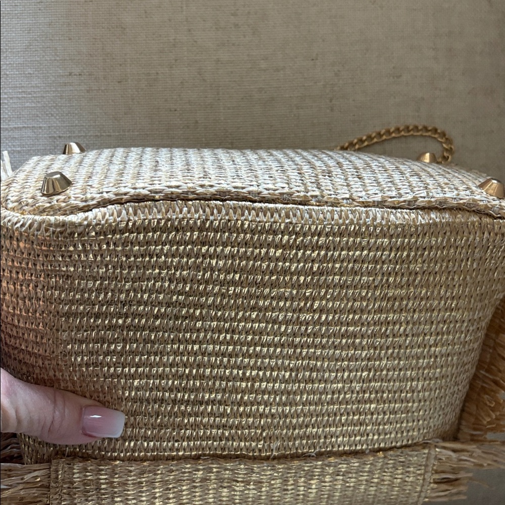 NWT Tommy Bahama Woven Straw & Shimmer Gold Fringe Bag w/Bamboo Handle - Picture 6 of 8